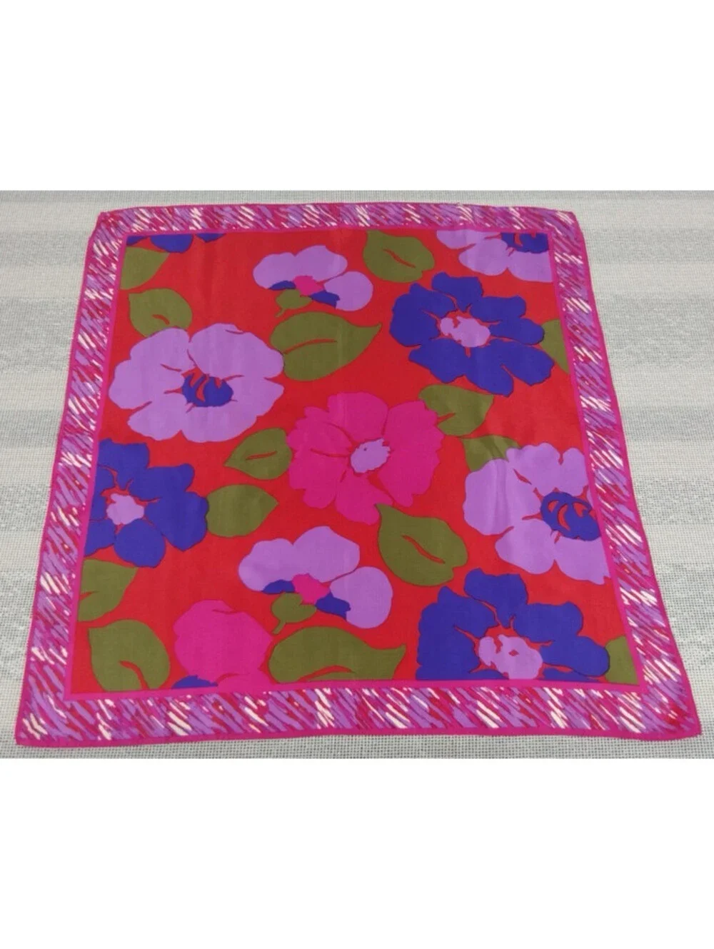 Vintage All Silk Fuchsia Scarf Cobalt Lavender Red Vibrant POP ART FLORAL BORDER